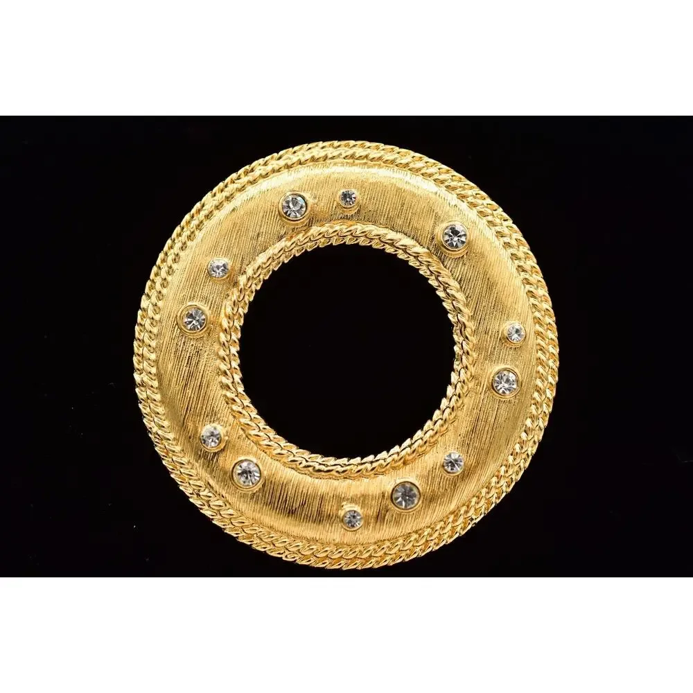 Vintage Chunky Round Pin Brooch Textured Matte Rhinestone Crystal Heavy 1980s 9B